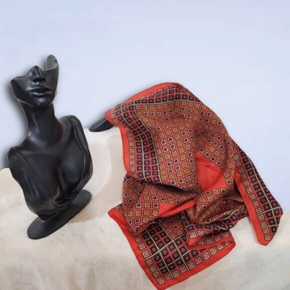 Vintage Square Scarf Red Navy Gold Geometric Print 26"x27" | Mod Retro - Picture 1 of 5